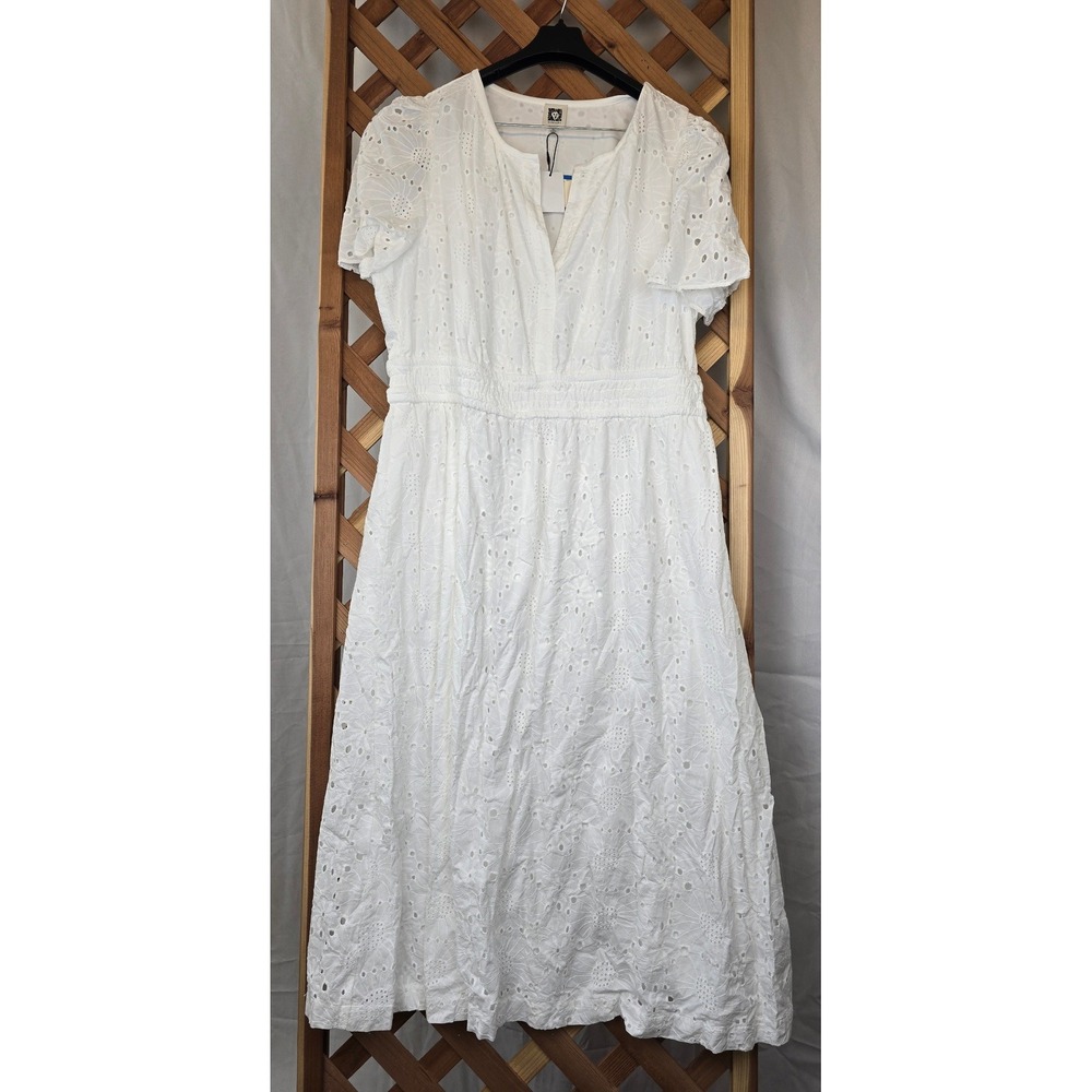Anne Klein Eyelet Maxi Dress Womens XL Pearl White Short Sleeve V-Neck - New